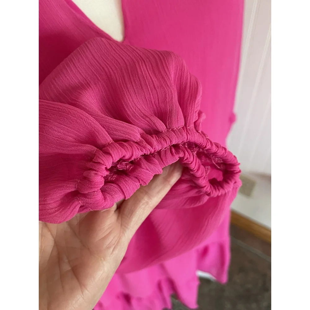 Vince Camuto Hot Pink Tiered Chiffon Mini Dress Sheer Sleeves Ruffle Collar Sz L - Picture 5 of 10